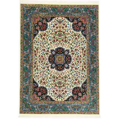 Poppy-Grace Floral Handmade Hand-Knotted Rectangle 3'11" x 6' Wool Area Rug in Blue/Black/Yellow