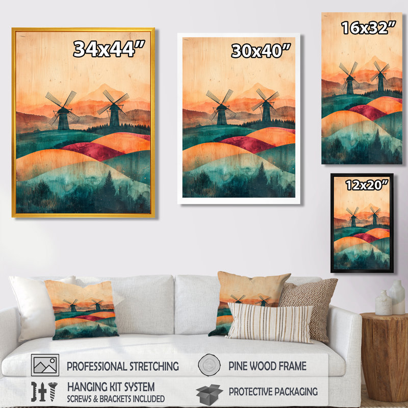 Dristi Windmills Into A Summer Field Landscape III - Windmills, art mural, H 44 po x l 34 po, Blanc