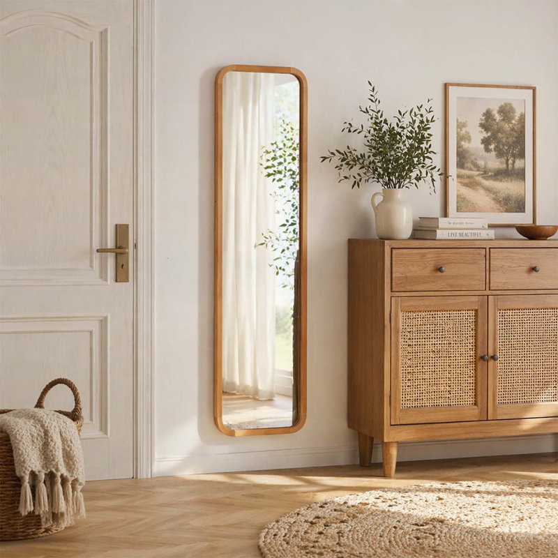 Miroir pleine grandeur avec cadre en bois de hêtre, autoportant et mural, miroir corporel pour chambre à coucher et salon