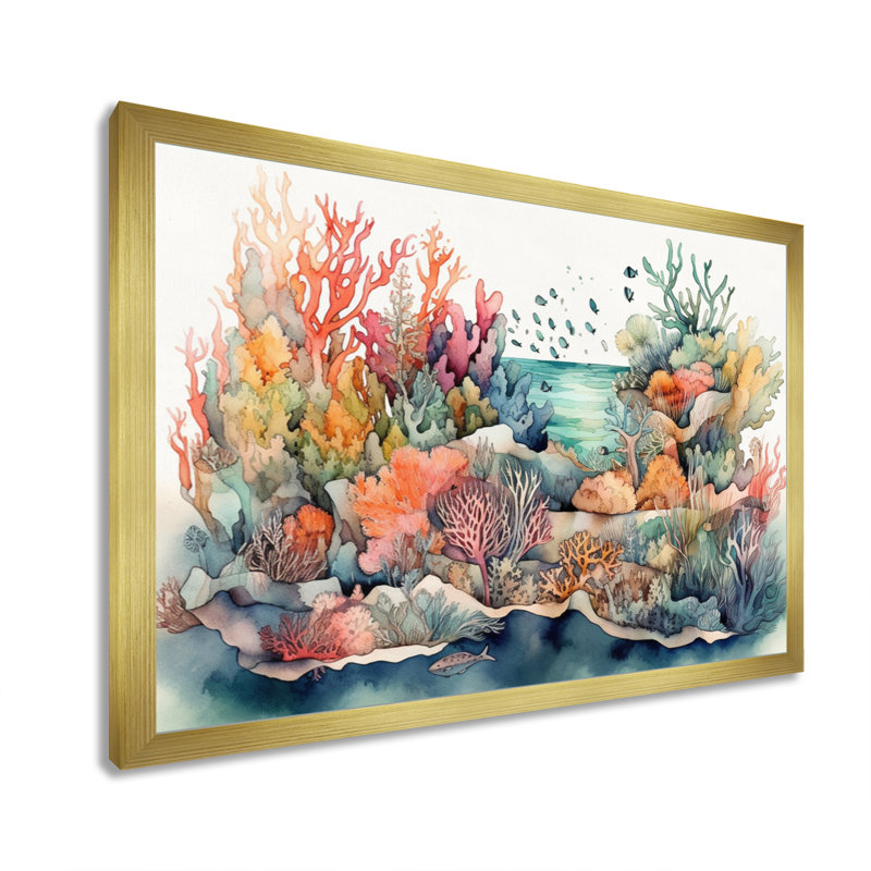 «Vibrant Coral Reef II - Modern Beach», reproduction sur toile encadrée, Cadre doré, H 16 po x l 32 po x P 1 po