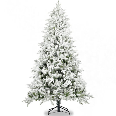 Snow Flocked Christmas Tree 7Ft Artificial Hinged Pine Tree With White Realistic Tips Unlit