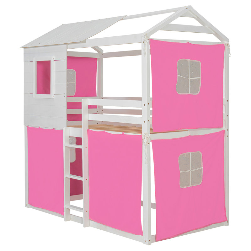 Lit superposé en bois avec tente, pour le jeu et le sommeil des enfants, design durable et élégant, Lit simple, Bleu