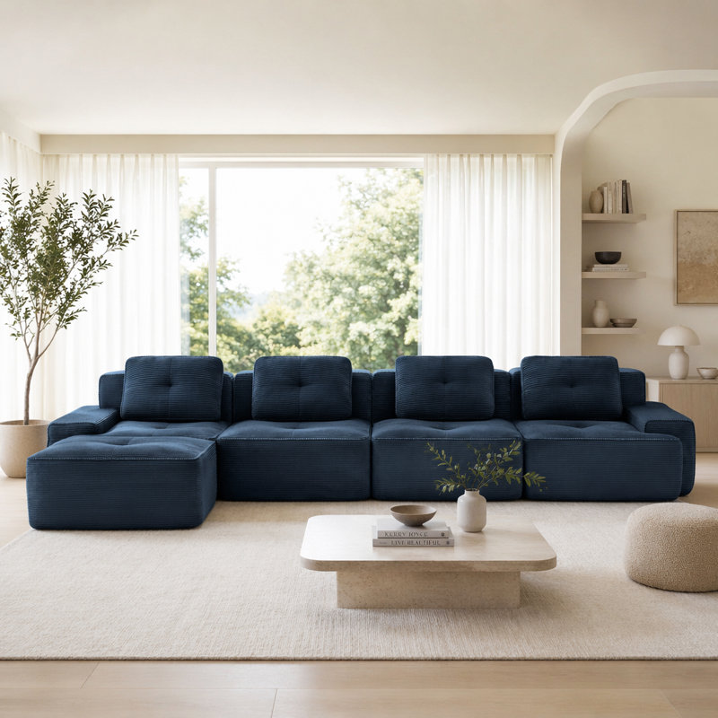 Canapé moderne en velours côtelé, Blue -4Seat+1Ottman