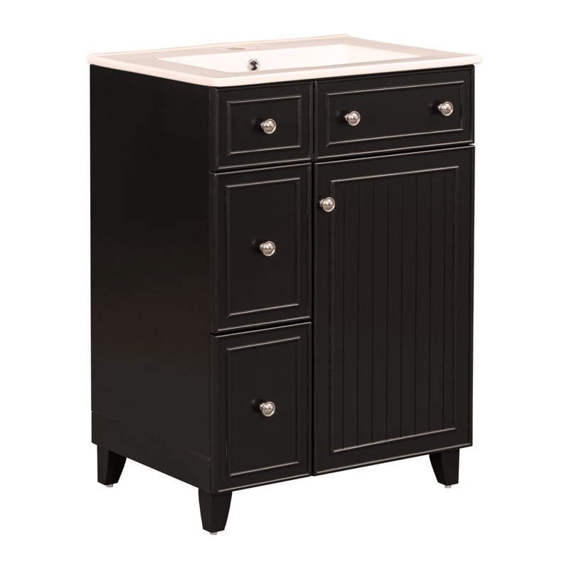 Armoire de meuble-lavabo 24 po avec lavabo en céramique, 2 tiroirs, 1 porte, Noir