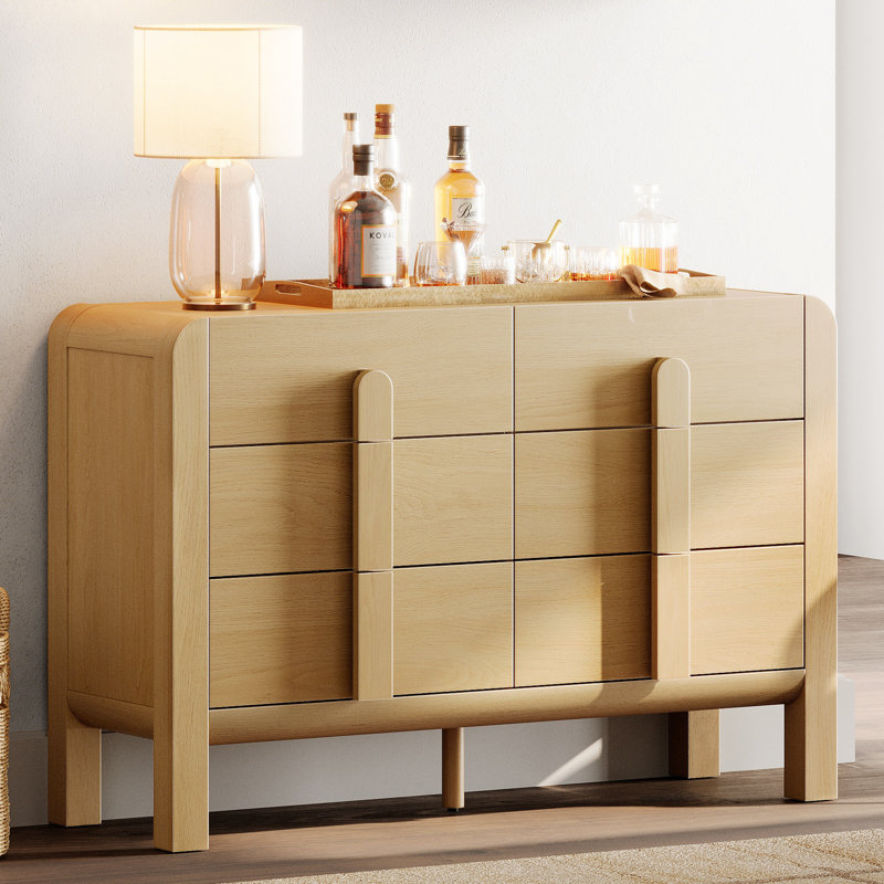 Mid Century 6 Drawer Dresser for Bedroom, Wide Modern Chest of Drawers with Curved Profile Design, Wood Closet Clothes Storage Organizer for Bedroom, Living Room