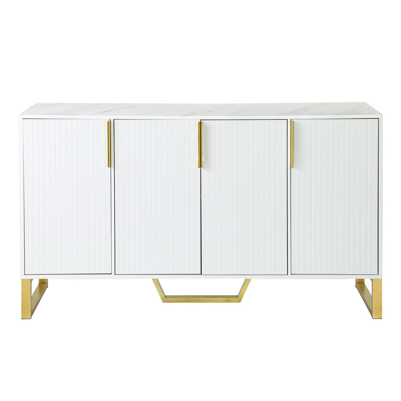 Buffet moderne avec quatre portes, poignées et pieds en métal et armoire de cuisine à tablettes réglables, Blanc