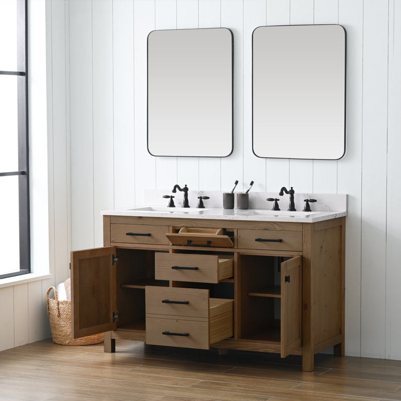 Ensemble de meuble-lavabo simple 42 po Ajiya, Naturel texturé / noir mat, Blanc de Carrare