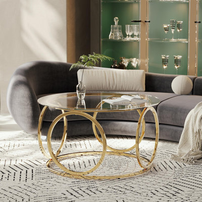 Modern Round Glass Top Coffee Table With Circular Metal Frame, Contemporary Accent For Living Room And Office