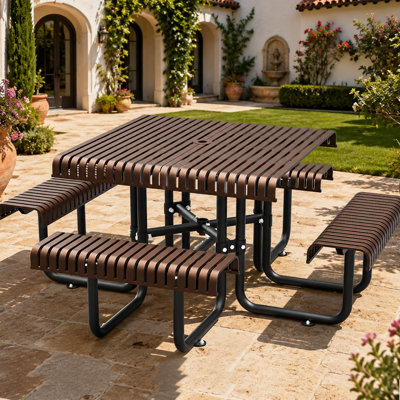 Table de pique-nique en métal robuste de 80,7 po pour 4 à 8 personnes, banc de salle à manger d'extérieur avec trou pour parasol, plateau en acier rainuré résistant à la rouille, capacité de 882 lb - pour la cour, le jardin, le pique-nique, le camping