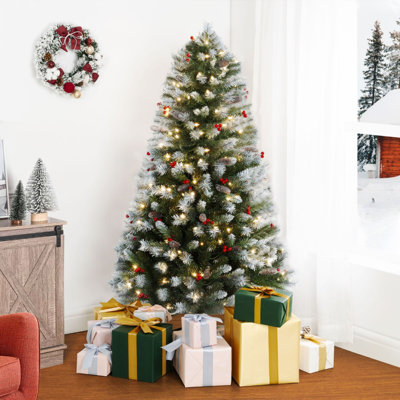 Arbre de Noël artificiel givré avec pommes de pin, baies rouges et support en métal - Épinette décorative réaliste de 33 po de largeur Disponible en formats de 4,5 pi, 7,5 pi et 9 pi pour une décoration festive avec 200 lumières chaudes et pédale