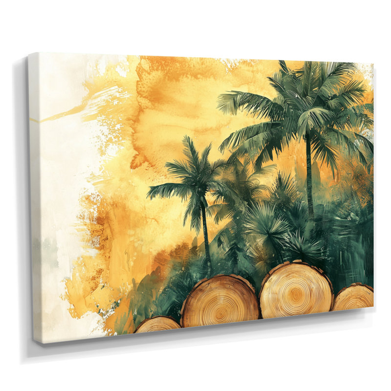 «Condace Emerald Palm Trees on Golden Tropical Forest I» - palmiers et palmiers, art mural, H 12 po x l 20 po, Toile tendue