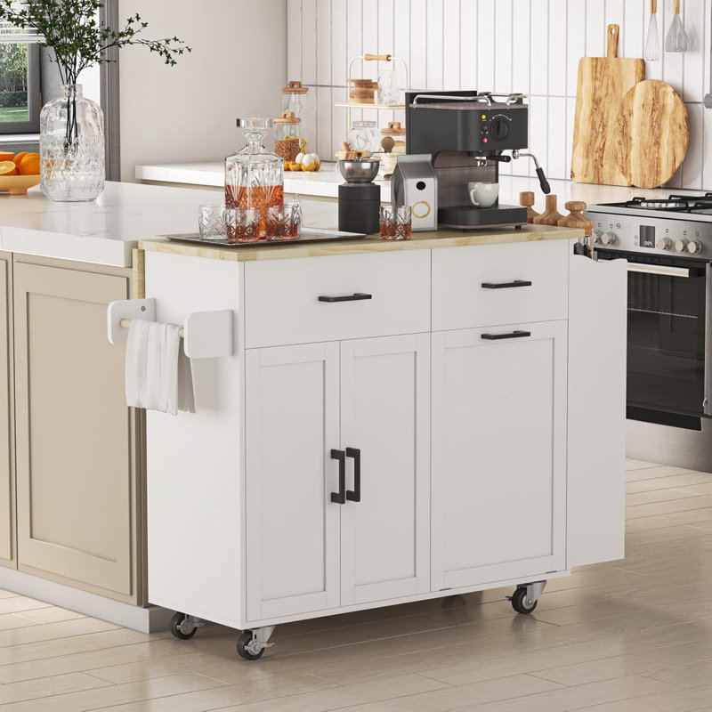 Rolling Kitchen Island with Storage Cabinet, Kitchen Island with Drop Leaf, Tilt Out Trash Cabinet, White