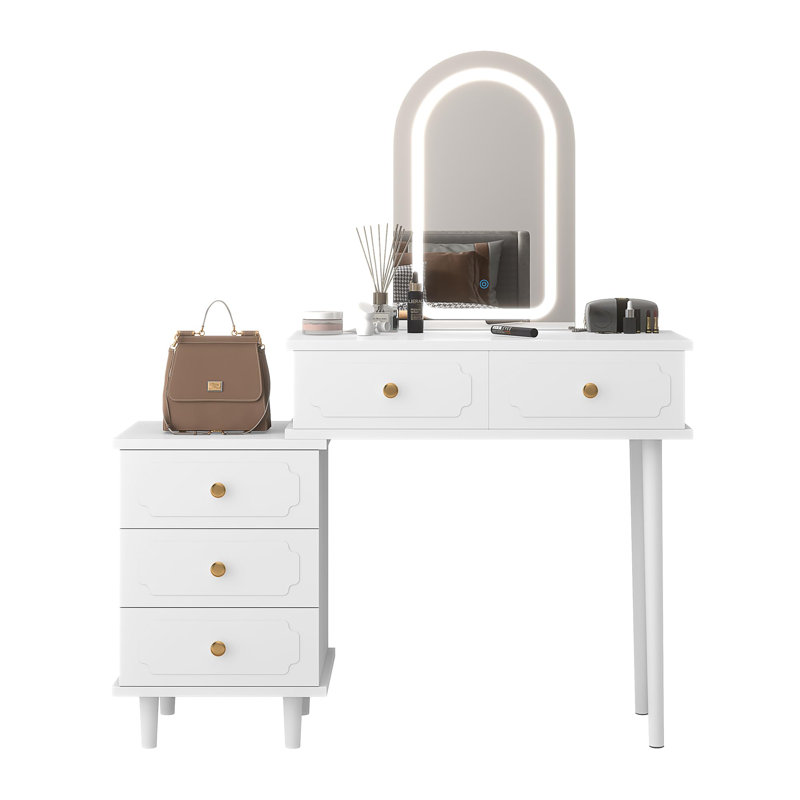 Makeup Vanity Desk with LED Lights & Mirror, Modern Wood Dressing Table with 2 Drawers and 3-Drawer Storage Cabinet, Adjustable Lighting Bedroom Vanity