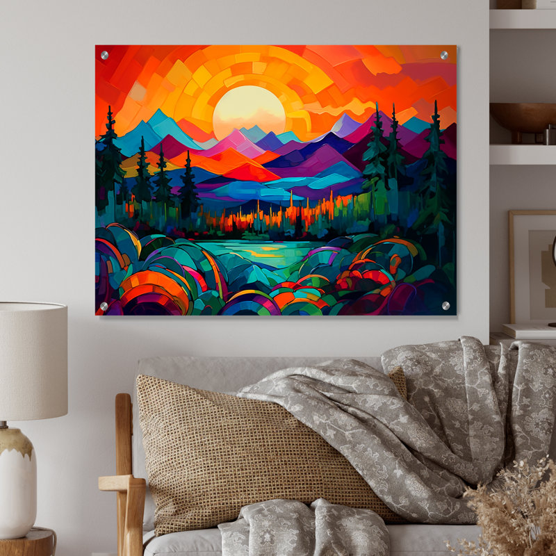 «Vibrant Sunset», art mural acrylique montagnes, H 30 po x l 40 po
