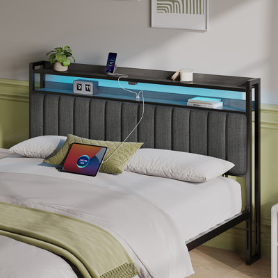 Berte Storage Upholstered Headboard With RGB LED Lights & Charging Station