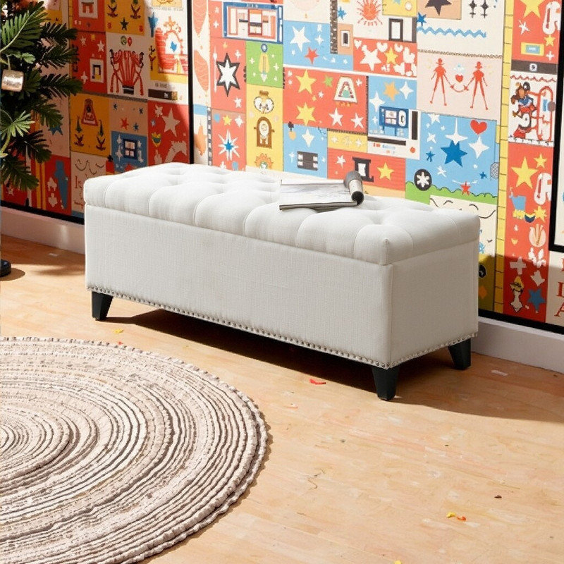 47.5" Button-Tufted Storage Ottoman Bench With Safety Close Hinge And Support Up To 500Lbs, Beige