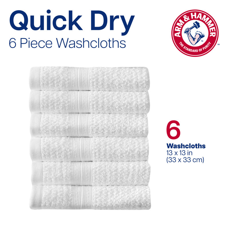 Arm & Hammer Quick Dry Bath Towel Set, Gray, Washcloths - 6 Pack