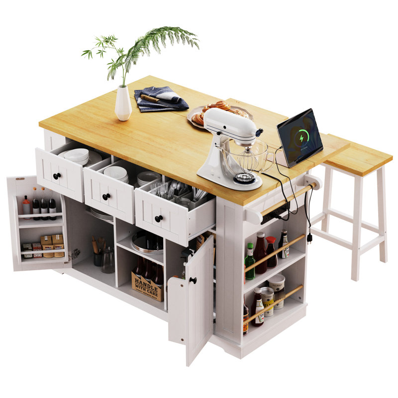 53Inch Kitchen Island Cart With Internal Storage, Power Outlet, Drop Leaf, 5, White 50 W Supply, 5 Wheels,, White