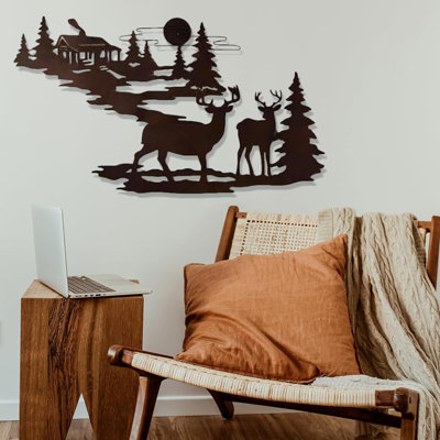 Woodland Cabin Metal Wall Art – Black – Rustic Deer Design, Decorative Wall Decor For Living Room, Bedroom, Or Outdoor Space