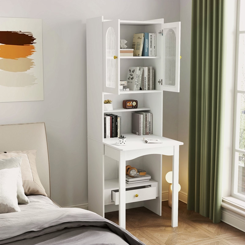 Fold-Out Convertible Writing Table, Desk Cabinet With Shelf And Drawer Multi-Function Home Office Workstation, White