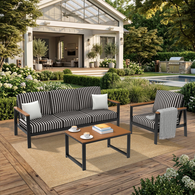 Ensemble de conversation 3 pièces avec coussins Sunbrella® Suren, 3 Pcs: Table, Sofa, Chair, Black/White Striped, Brown/Black