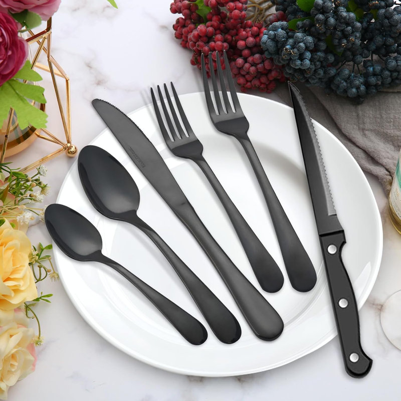 Ensemble de couverts 48 pièces en acier inoxydable 430, service pour 8, couteaux, fourchettes, cuillères, couteaux à steak, fourchettes à salade, cuillères à café, couverts, argenterie, robuste, antirouille