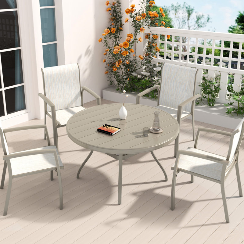 Outdoor Round Patio Dining Table For 4 - 6, All Weather Metal With Umbrella Hole Lawn, Garden, Backyard. Powder Coated Rust Resistance, Bent Leg Design Stability And Aesthetics, Non Marring Foot