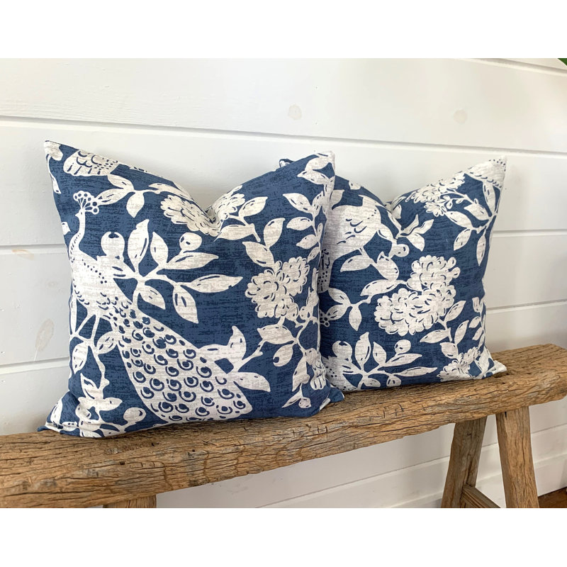 Housse de coussin bleu marine à imprimé paon, Carré, H 15 po x l 15 po