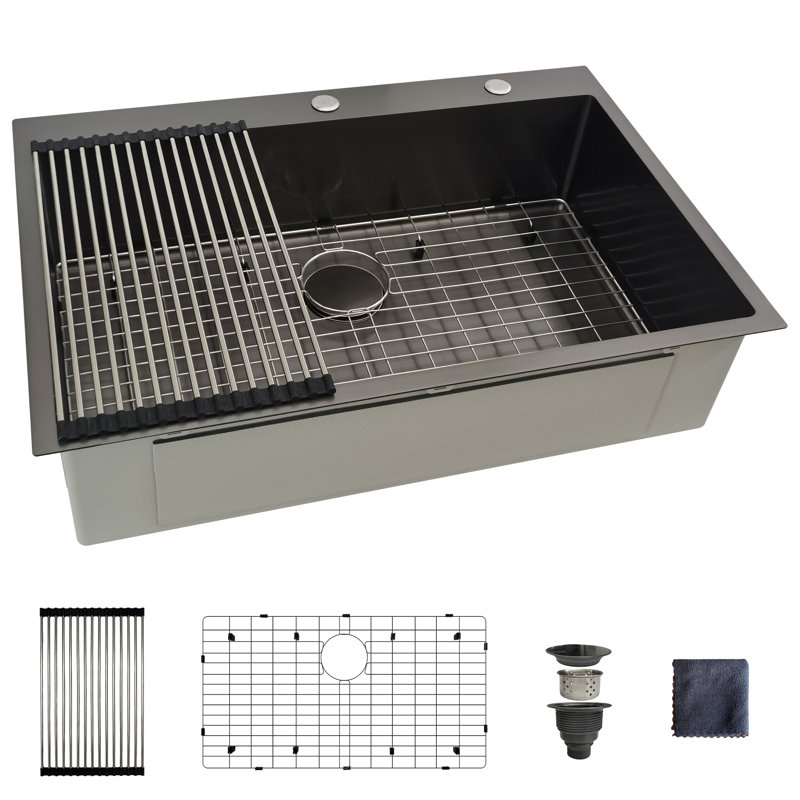 Évier de cuisine encastré à simple cuve en acier inoxydable de calibre 16 noir L 33 po x l 22 po avec accessoires