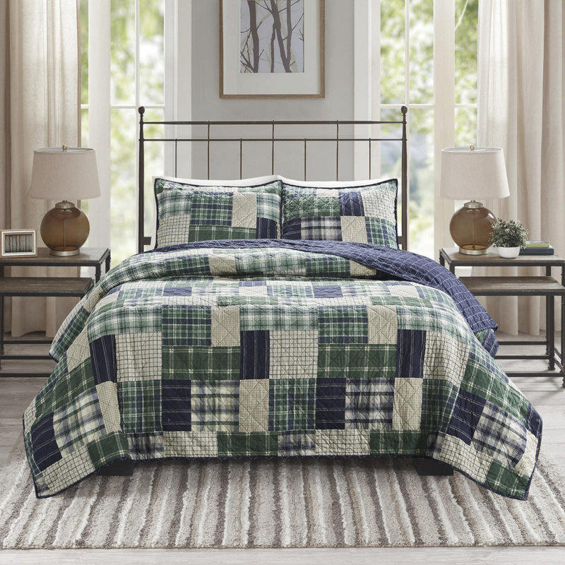 Ensemble de courtepointe en microfibre 3 pièces, Vert / marine, Couvre-lit pour très grand lit + 2 taies décorat