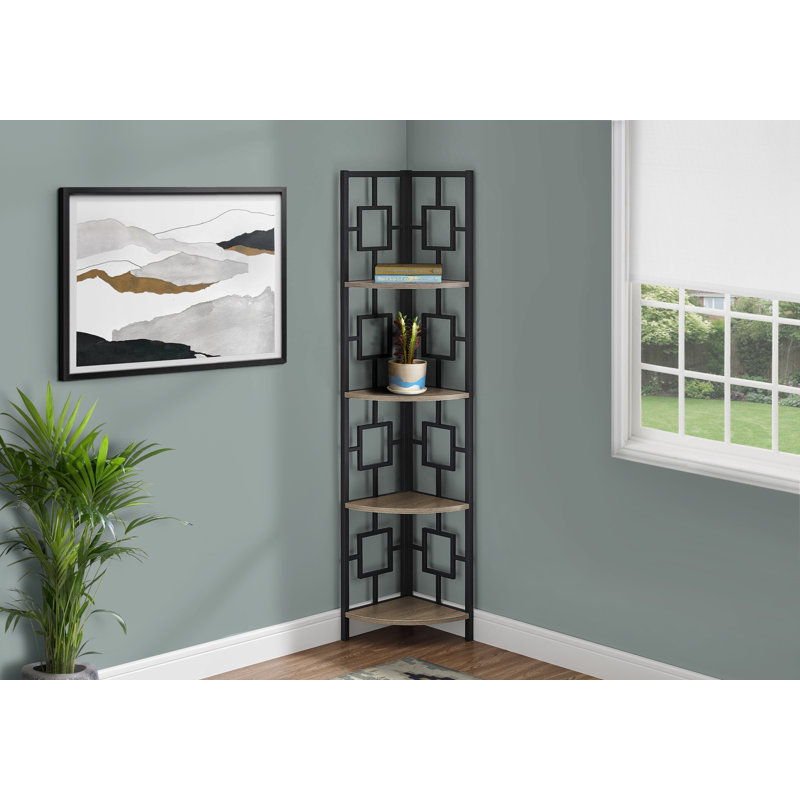 Bibliothèque, bibliothèque, étagère, d'angle, 4 niveaux, H 62 po, bureau, chambre à coucher, stratifié brun, métal noir, contemporain, moderne