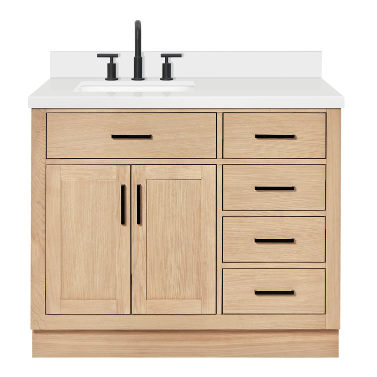 Tidworth 42'' Solid Wood Single Bathroom Vanity with 1.5'' White Quartz Top, Left Offset Rectangular Sink