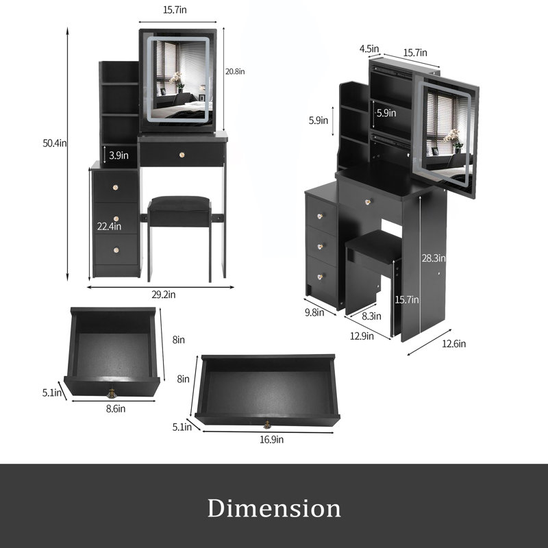 Petit meuble de chevet avec tabouret de chevet et petit tabouret, très grand miroir à DEL coulissant à contrôle tactile, interrupteur tricolore, luminosité réglable, convient aux filles de 5,6 pi ou moins