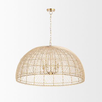 Cleeson Is A 4-Light Dome Chandelier With A Delicately Woven Rattan Shade And A Gold Finished Metal Frame And Chain.
