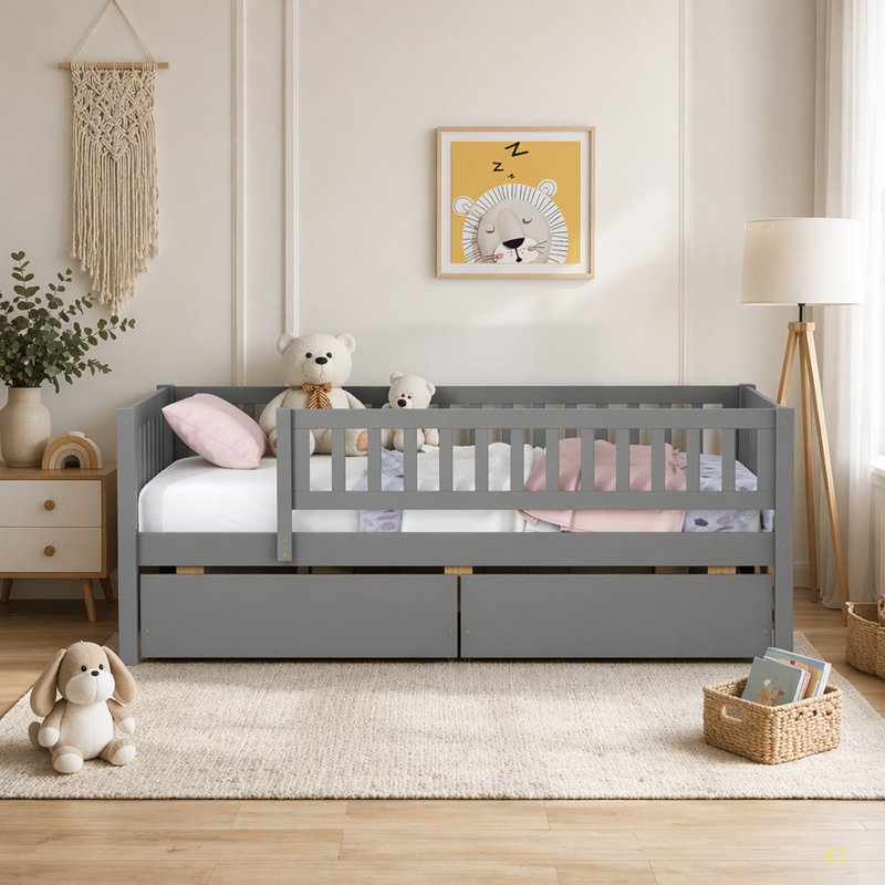 Lit de jour simple en bois avec deux tiroirs, Grey