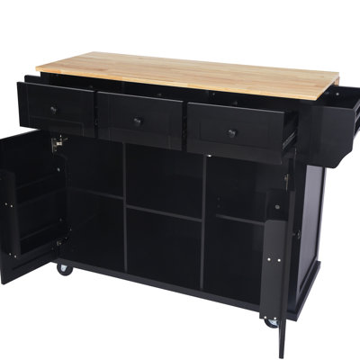 Black Kitchen Island With Drop Countertop And Storage. 5 Wheels, For Dinning Room Use Different Spaces Cart Cabinet Door Storage Wheels