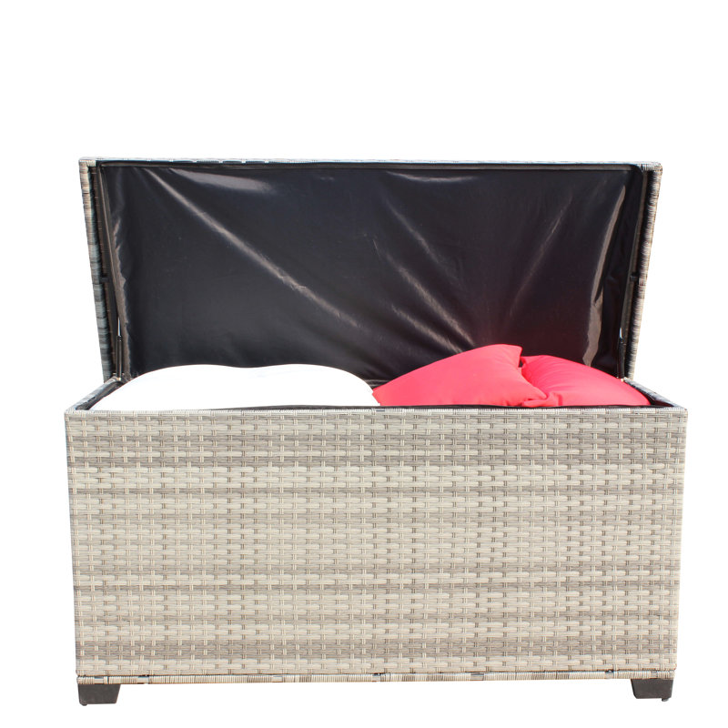 Rangement pour patio - gris. Capacité de 148. Couvercle renforcé avec panneau en polypropylène. Intérieur. Poignées pour le mouvement. Pe et acier. Assemblage requis en gris, robuste et imperméable de 148 gallons. Spacieux