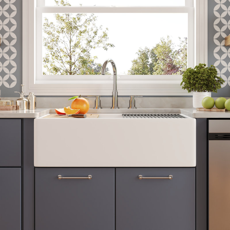 33"L x 20"W Farmhouse Kitchen Sink Deep Single Bowl Fireclay Workstation Sink with Cutting Board and Dish Drying Rack, White