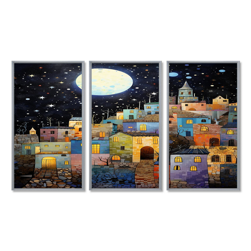 Pleine lune au-dessus de Pittoresque, ensemble d'art mural de ville, Encadrement argenté, H 32 po x l 48 po x P 1 po