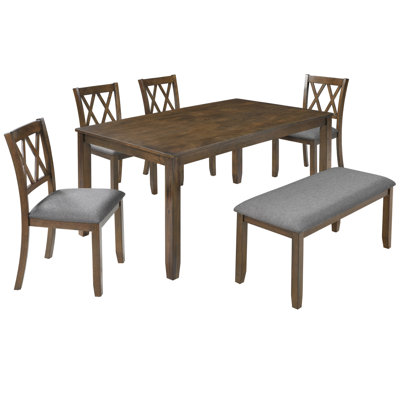 Élégante table de salle à manger en bois 6 pièces avec 4 chaises et un banc. Ensemble de table de salle à manger moderne pour 6 personnes, ensemble de table de salle à manger rectangulaire pour le salon, la cuisine et la salle à manger, noyer