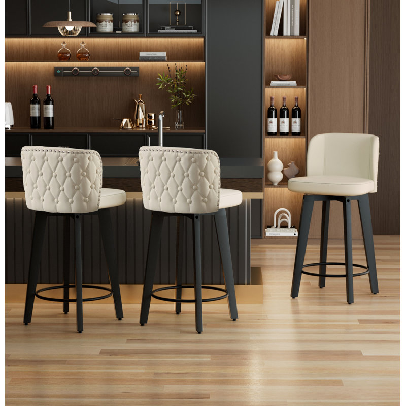 Swivel Upholstered Solid Wood Bar & Counter Stool（Set of 3）, White