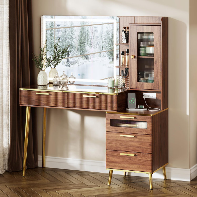 Bureau de coiffeuse avec miroir à DEL, coiffeuse de maquillage de 47 po avec station de charge, 5 tiroirs et armoire latérale amovible, coiffeuse en verre trempé pour la chambre à coucher | Conception cannelée | Miroir à DEL