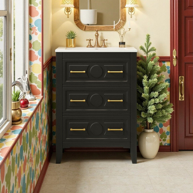Meuble-lavabo avec lavabo en céramique et 3 tiroirs Aqua, Noir