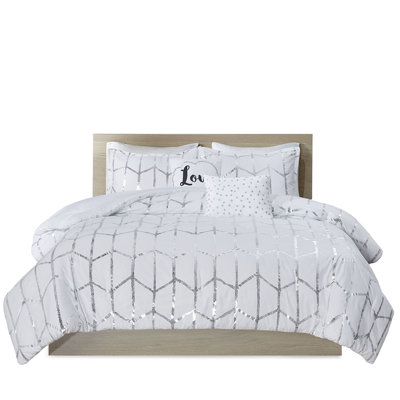 Literie pour lit double / grand - imprimé géométrique argenté sur fond blanc, microfibre, 2 taies décoratives, coussins décoratifs, courtepointe anti-plis et imprimé de couette, sophistiqué