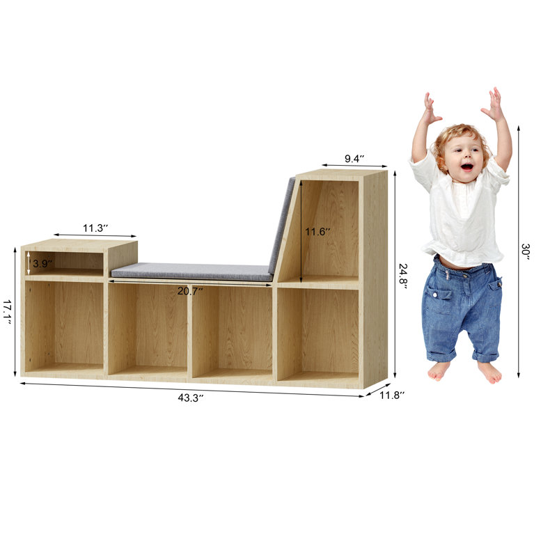 Linlin 25'' H * 43'' W 6-Tier Wooden Corner Reading Nook Organizer with Seat Cushion and Storage, Wood