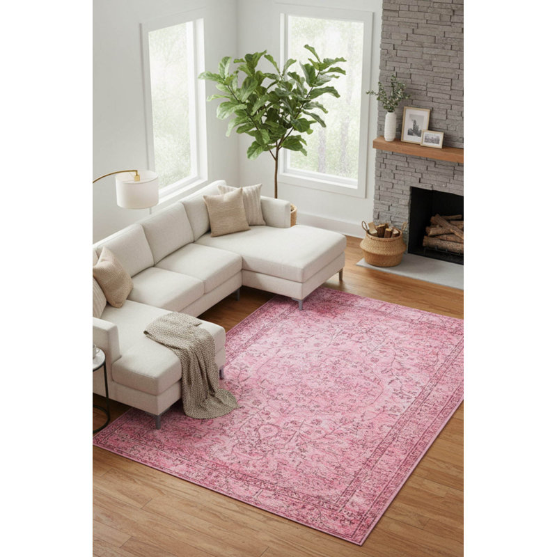 Tapis rose à motif tissé rétro, Carré 5 pi