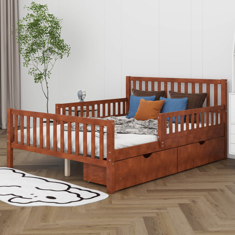 Lit plateforme double avec deux tiroirs de rangement et deux barrières de sécurité, cadre de lit en bois pour chambre à coucher, chambre d'enfant