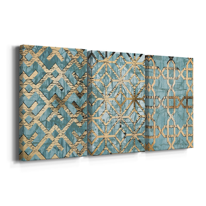 Gilded Geometrics I - Toile tendue avec châssis sur mesure - 3 pièces, H 60 po x l 120 po