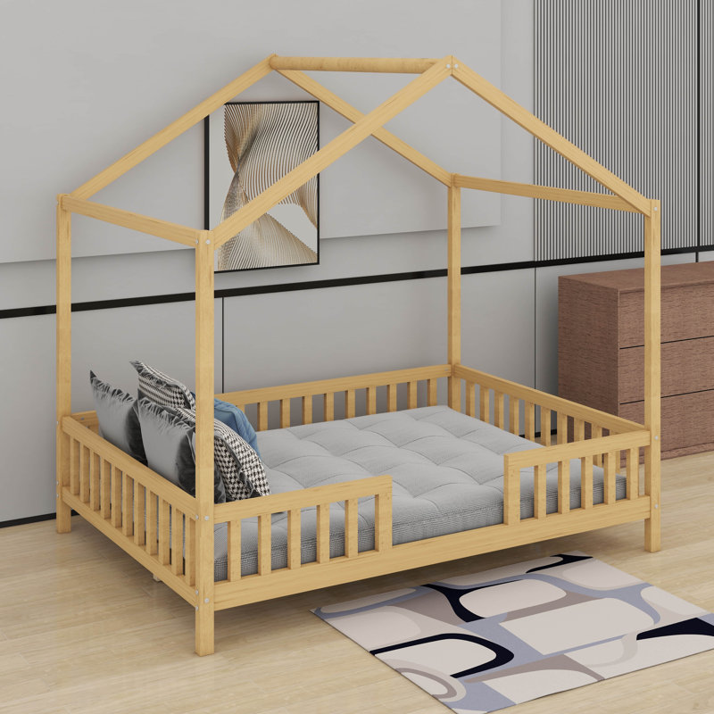 Cadre de lit double pour enfants, cadre de lit pour tout-petits en forme de maison avec balustrades hautes, Naturel