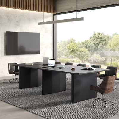 Table de conférence rectangulaire moderne de 118 pouces avec deux prises de courant intégrées, 2 prises secteur, 2 ports USB-A et HDMI, système de gestion des câbles, table de salle de réunion en chêne noir massif
